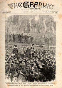 Protest tegen de Home Rule Bill in Belfast: Arthur James Balfour verlaat het treinstation in Belfast.
